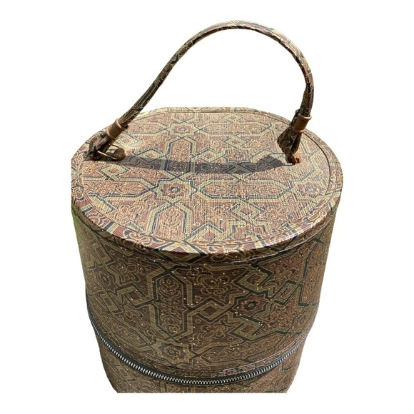 Vintage Hat Wig Carrier Travel Luggage With Handle Geometric Fleur Di Lis main image 6